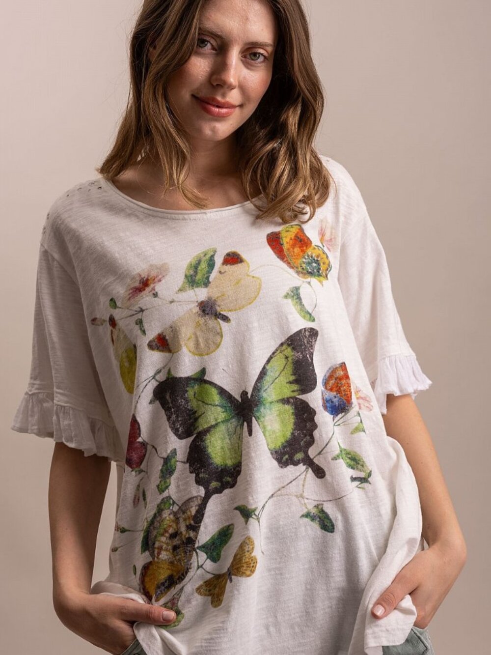 BLUE VELVET BUTTERFLY SHIRT WITH RUFFLED SLEEVES